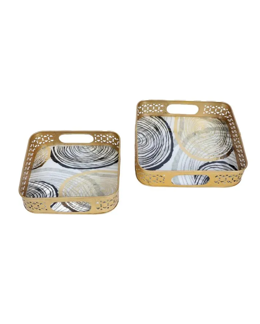 Black & Gold Ring Deisgn Metal Tray | Set of 2