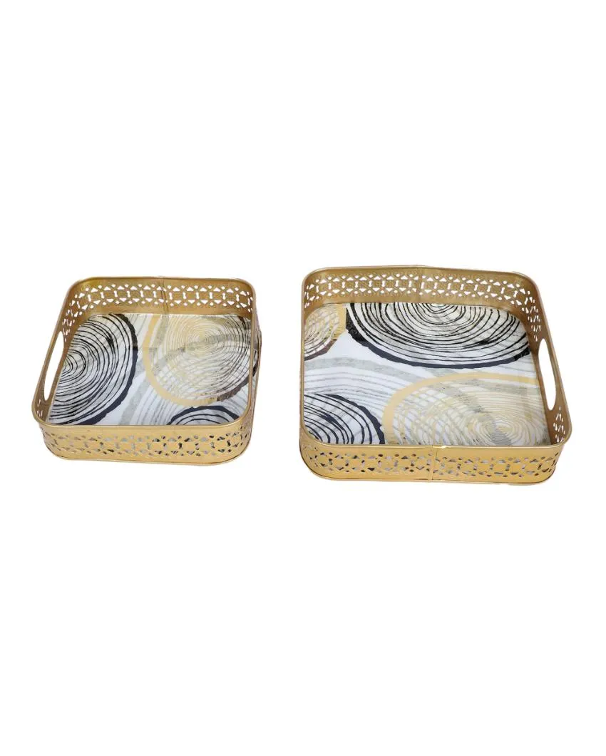 Black & Gold Ring Deisgn Metal Tray | Set of 2