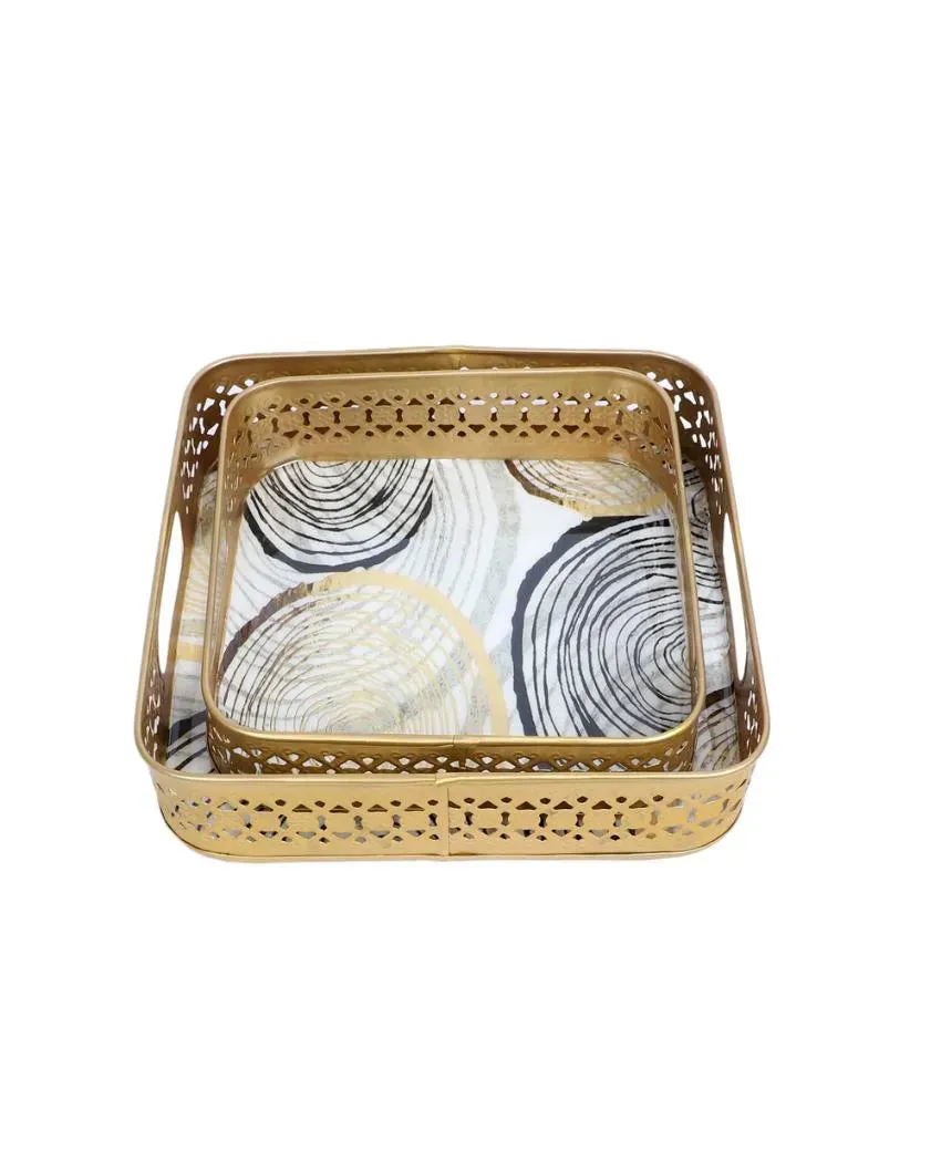 Black & Gold Ring Deisgn Metal Tray | Set of 2