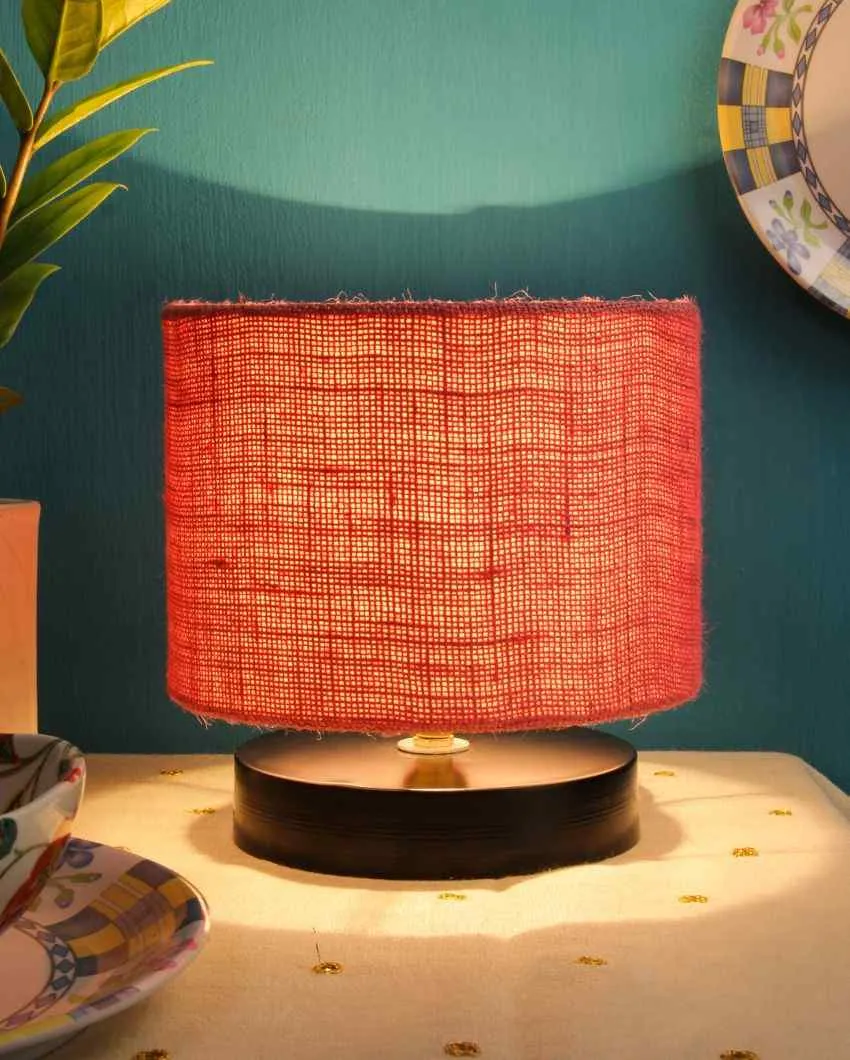 Black Wood Base Drum Designer Jute Shade Table Lamp | 7 x 7 inches