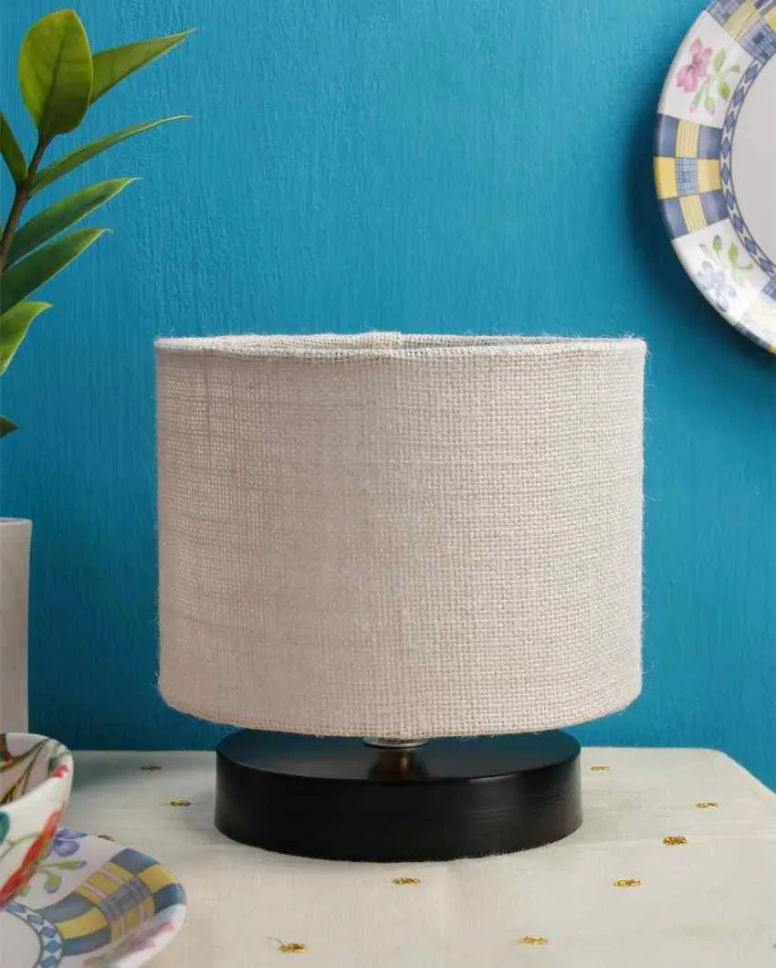 Black Wood Base Drum Designer Jute Shade Table Lamp | 7 x 7 inches