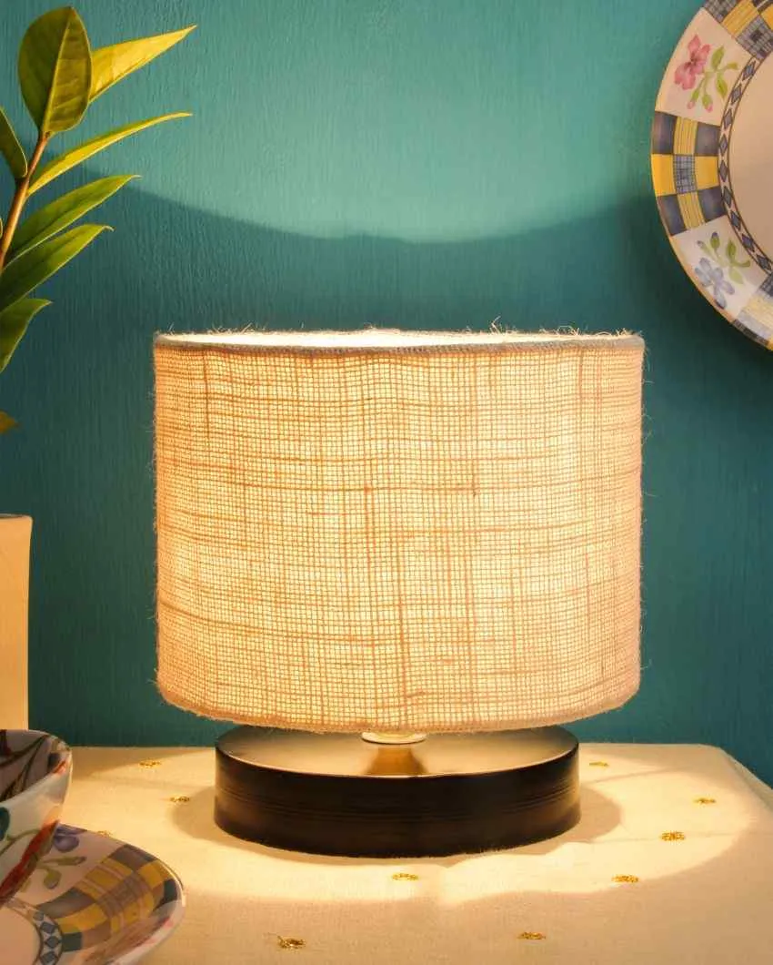 Black Wood Base Drum Designer Jute Shade Table Lamp | 7 x 7 inches