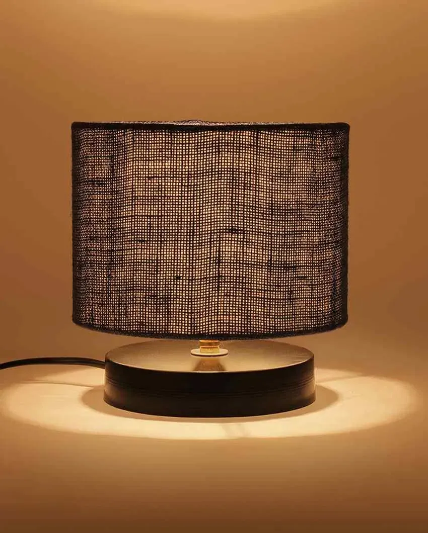Black Wood Base Drum Designer Jute Shade Table Lamp | 7 x 7 inches