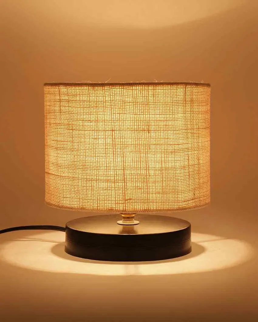 Black Wood Base Drum Designer Jute Shade Table Lamp | 7 x 7 inches
