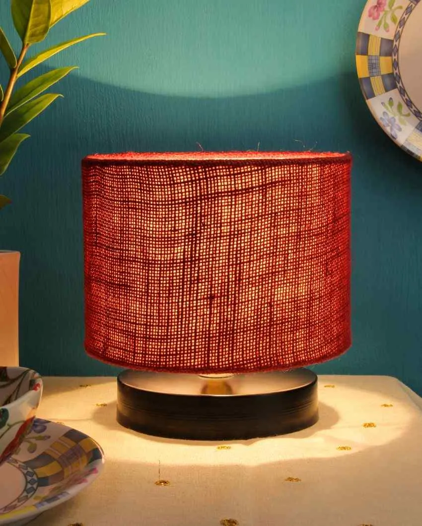 Black Wood Base Drum Designer Jute Shade Table Lamp | 7 x 7 inches
