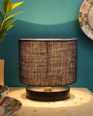 Black Wood Base Drum Designer Jute Shade Table Lamp | 7 x 7 inches