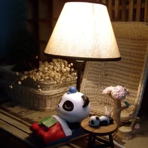 Brielle - Panda Sleeping Panda Bear Resin Table Light Cartoon 1 Head Black-White Nightstand Lamp with Cone Fabric Lamp Shade