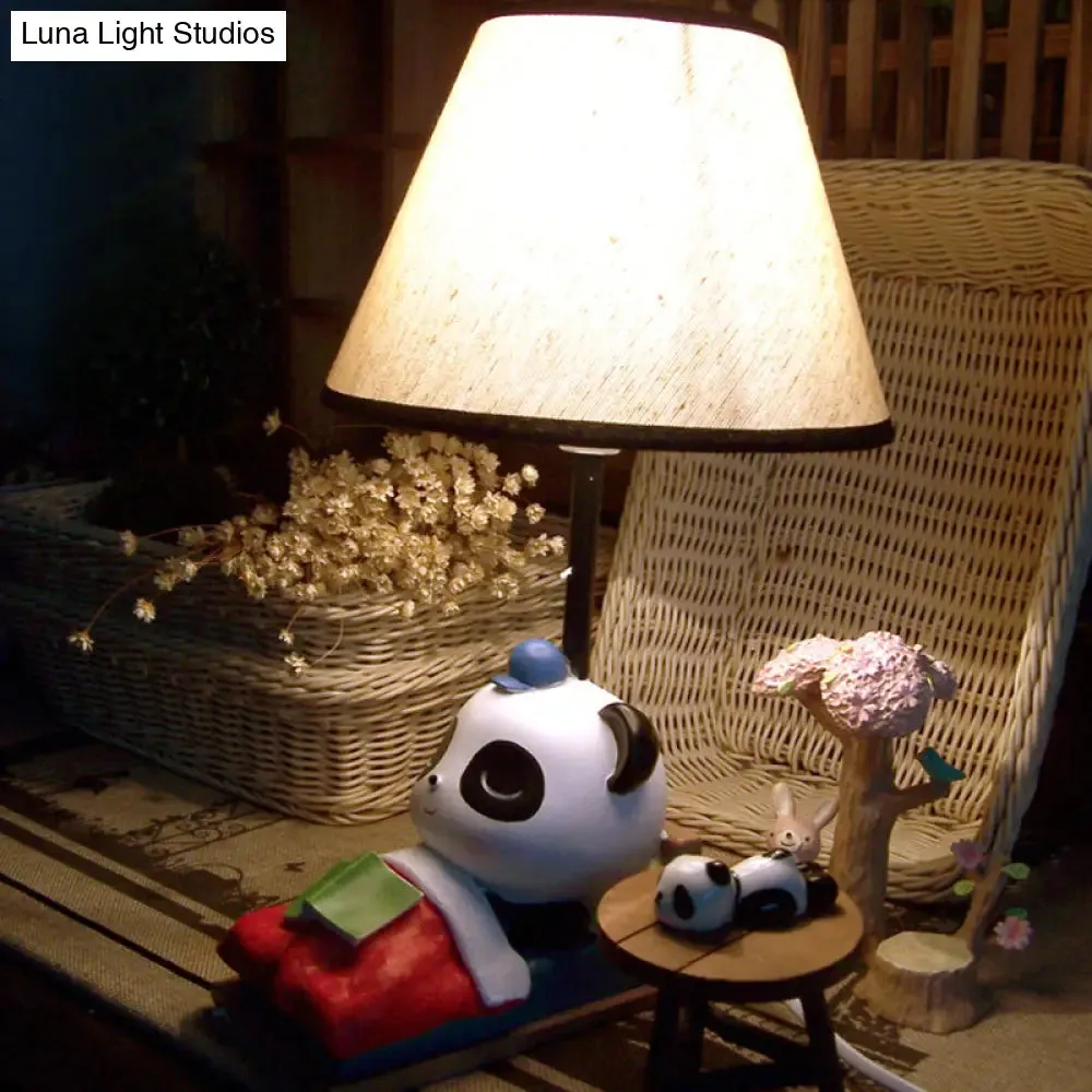 Brielle - Panda Sleeping Panda Bear Resin Table Light Cartoon 1 Head Black-White Nightstand Lamp with Cone Fabric Lamp Shade