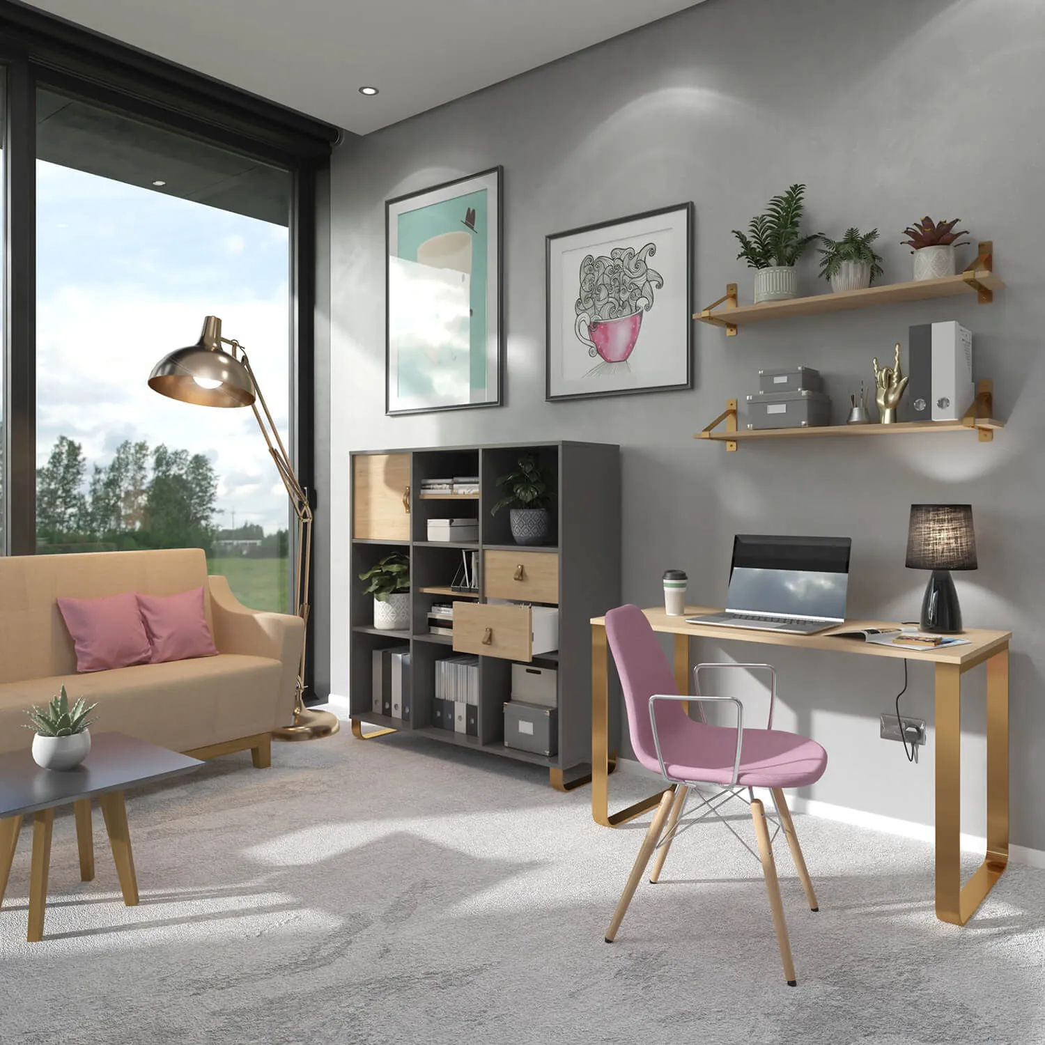Cairo cube storage unit with open boxes and sleigh frame legs
