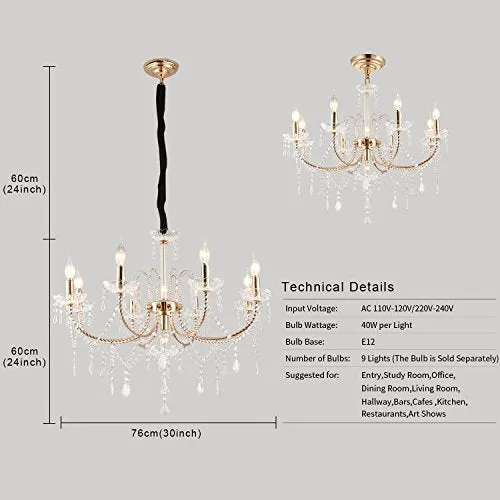 Crystal Chandeliers Light Hanging Adjustable Height and Hand-polished Crystal Beads 9 Lights, Golden
