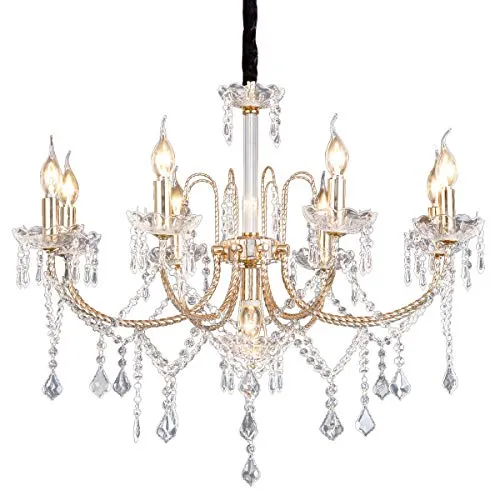 Crystal Chandeliers Light Hanging Adjustable Height and Hand-polished Crystal Beads 9 Lights, Golden