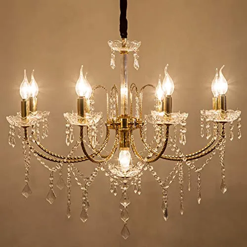 Crystal Chandeliers Light Hanging Adjustable Height and Hand-polished Crystal Beads 9 Lights, Golden