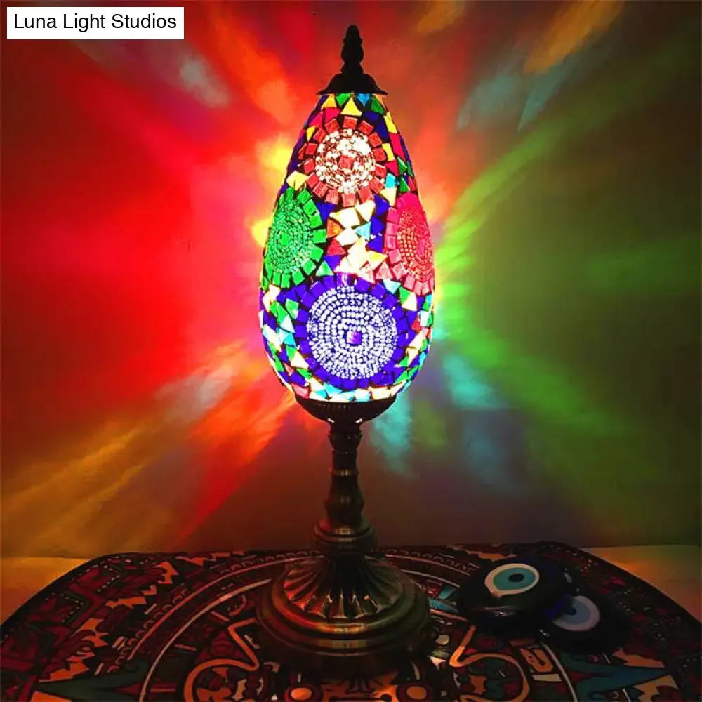 Diane - Antique Orange/Red 1 Bulb Table Light Antique Stained Art Glass Teardrop Plug In Nightstand Lamp for Living Room