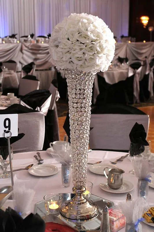 Elegant Tall Hurricane Beaded Crystal Vase Wedding Centerpiece - 24" Tall