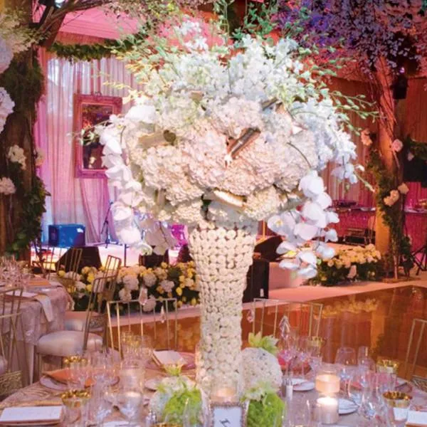 Elegant Tall Hurricane Beaded Crystal Vase Wedding Centerpiece - 24" Tall