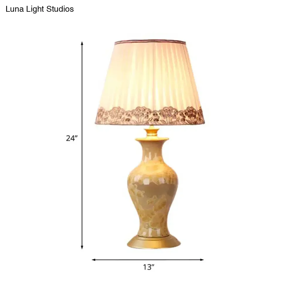 Eva - Beige Beige Urn Night Light Rustic Ceramic 1 Head Living Room Table Lighting with Pleated Fabric Shade