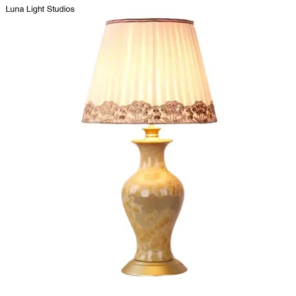 Eva - Beige Beige Urn Night Light Rustic Ceramic 1 Head Living Room Table Lighting with Pleated Fabric Shade