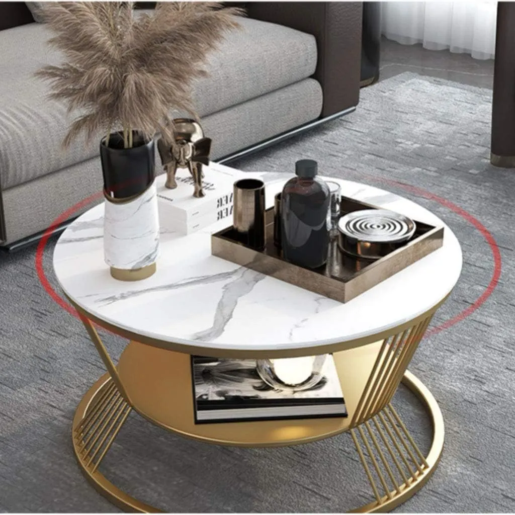 Expressow Wrought Iron Round Coffee Table, Modern Center Table with Open Shelf Storage | Accent Couch and Sofa Table for Living Room Bedroom (Gold/White)