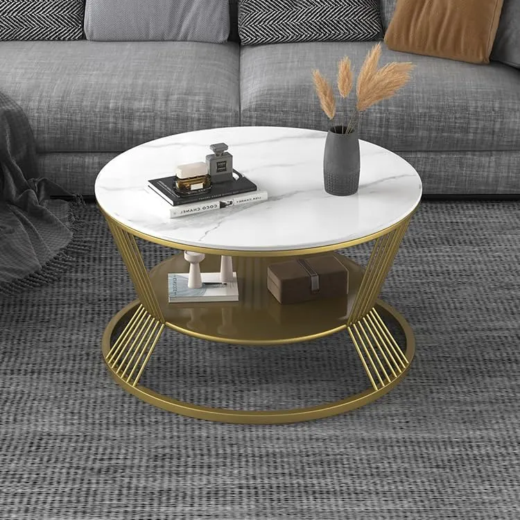Expressow Wrought Iron Round Coffee Table, Modern Center Table with Open Shelf Storage | Accent Couch and Sofa Table for Living Room Bedroom (Gold/White)