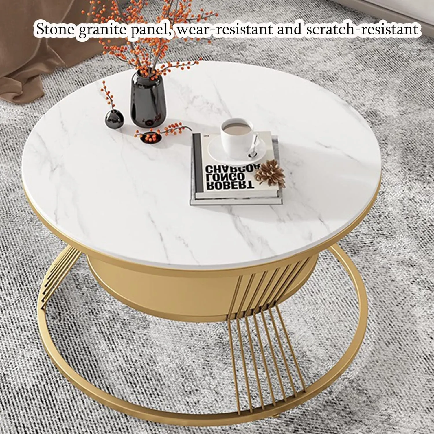 Expressow Wrought Iron Round Coffee Table, Modern Center Table with Open Shelf Storage | Accent Couch and Sofa Table for Living Room Bedroom (Gold/White)