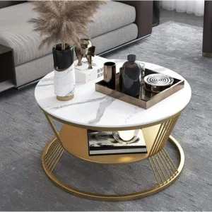 Expressow Wrought Iron Round Coffee Table, Modern Center Table with Open Shelf Storage | Accent Couch and Sofa Table for Living Room Bedroom (Gold/White)