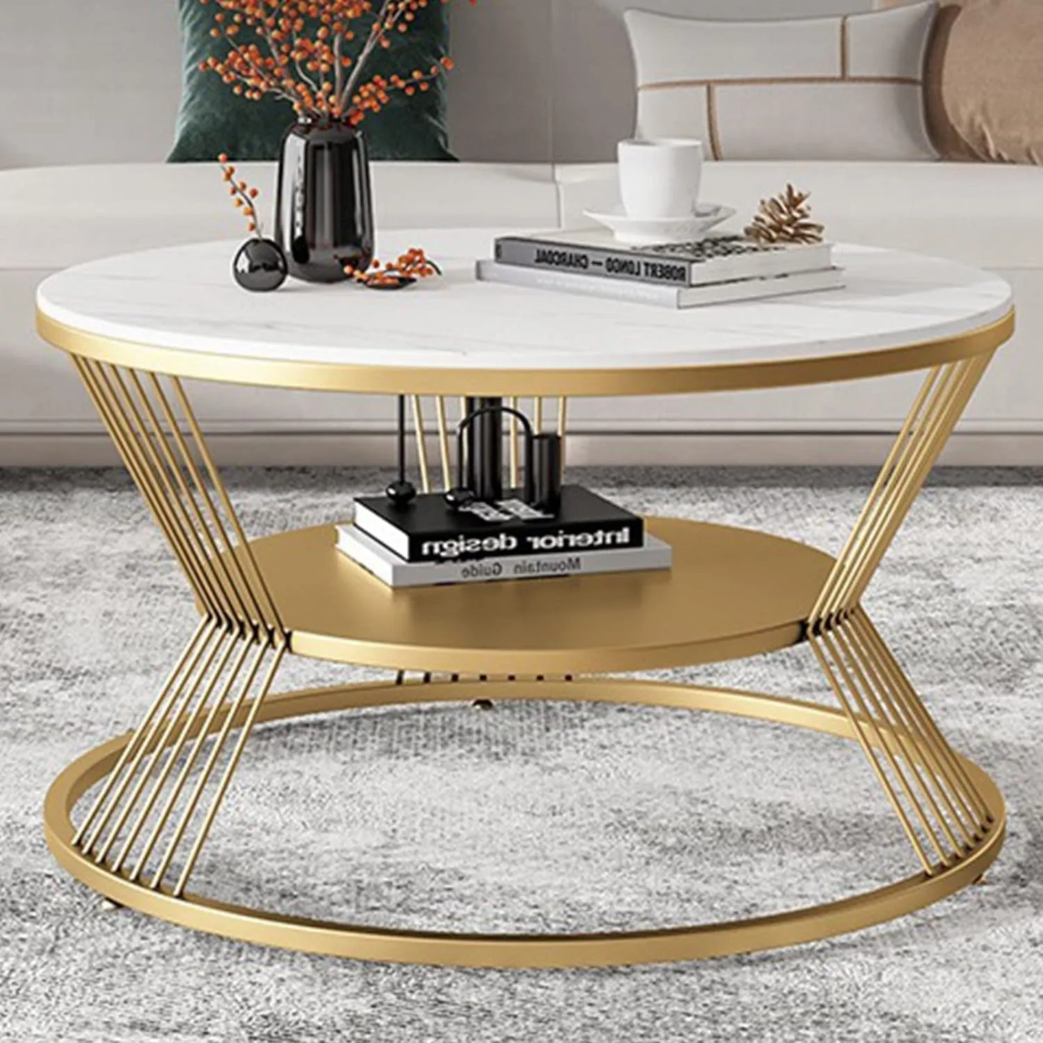 Expressow Wrought Iron Round Coffee Table, Modern Center Table with Open Shelf Storage | Accent Couch and Sofa Table for Living Room Bedroom (Gold/White)