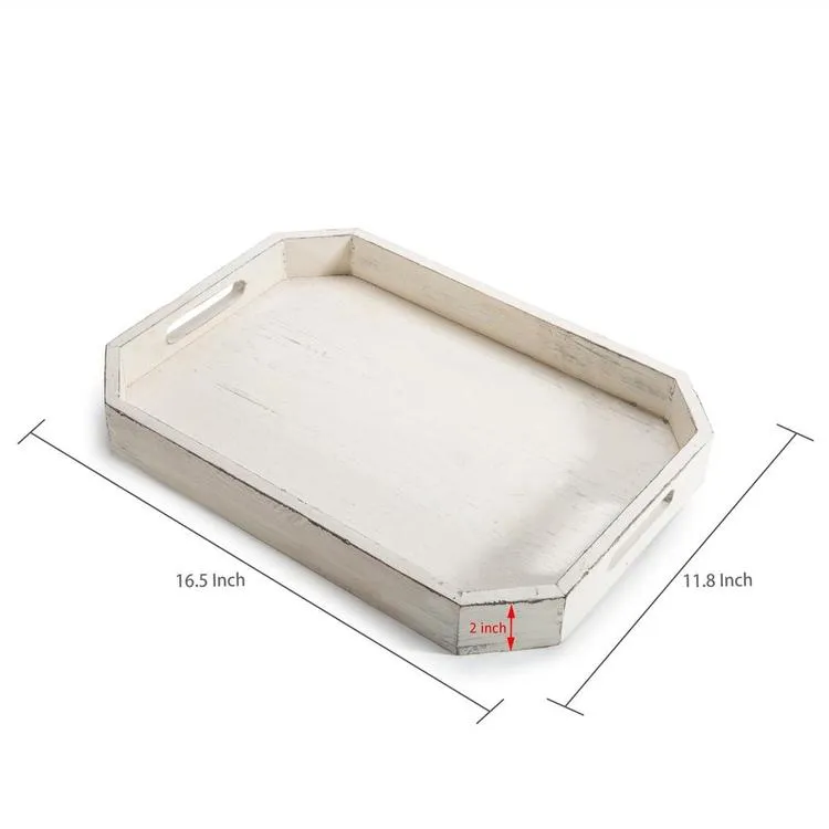 Farmhouse Inspired White Wood Serving Tray with Angled Edges