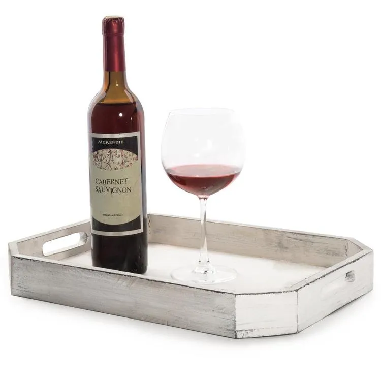 Farmhouse Inspired White Wood Serving Tray with Angled Edges