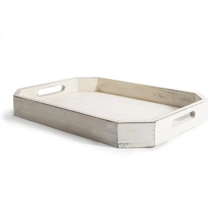 Farmhouse Inspired White Wood Serving Tray with Angled Edges