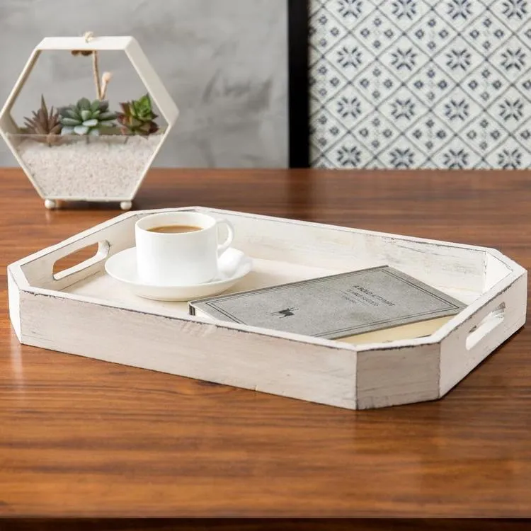 Farmhouse Inspired White Wood Serving Tray with Angled Edges