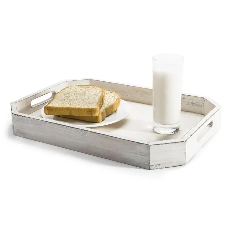 Farmhouse Inspired White Wood Serving Tray with Angled Edges