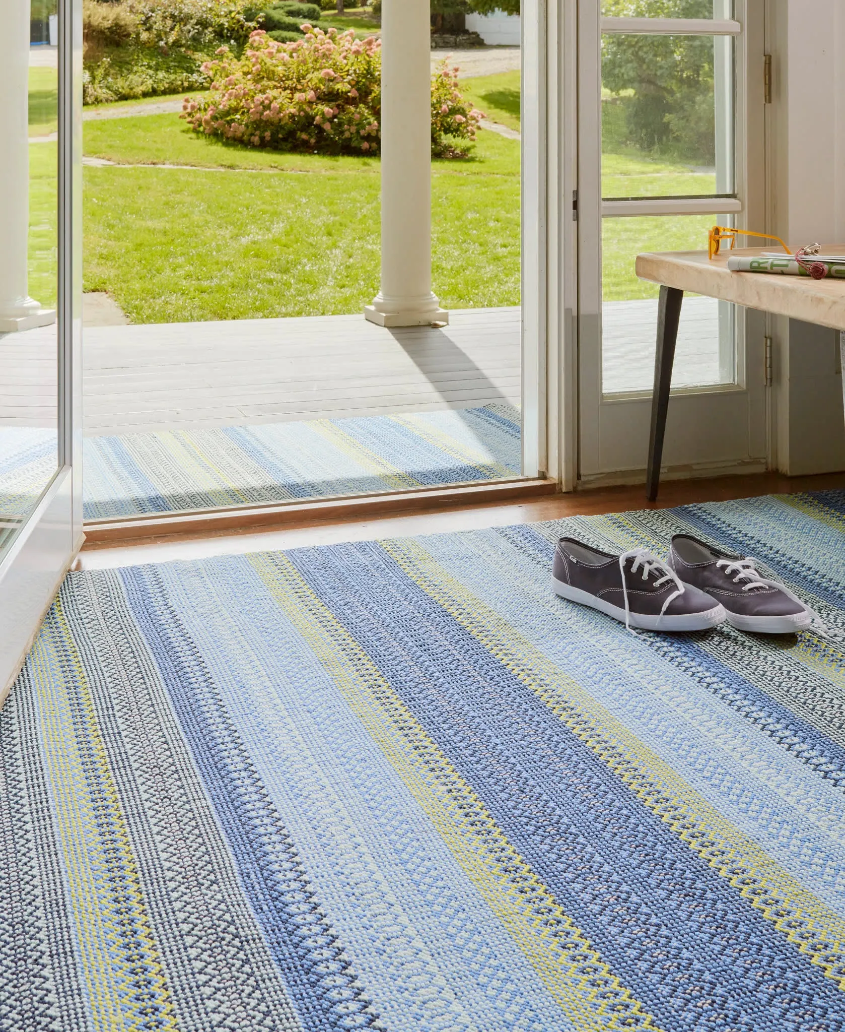 Fiesta Stripe French Blue/Green Handwoven Indoor/Outdoor Rug Swatch