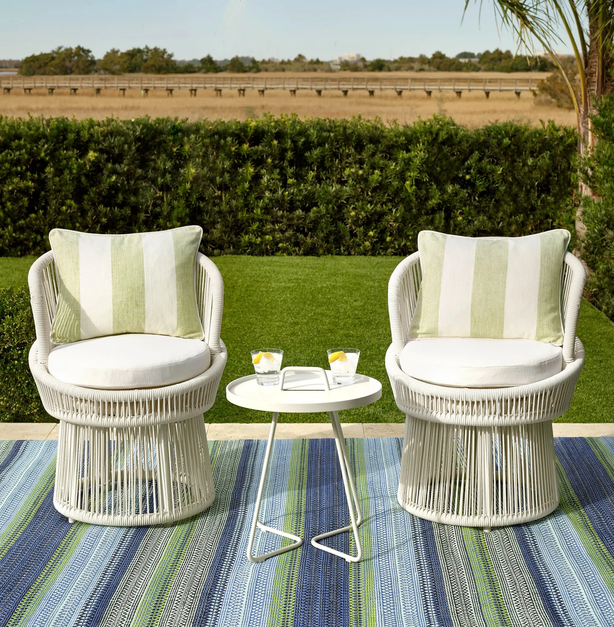 Fiesta Stripe French Blue/Green Handwoven Indoor/Outdoor Rug Swatch