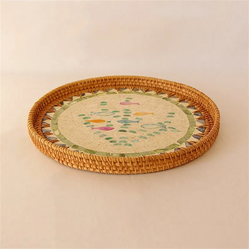 Fish Motifs Designer Mother Of Pearl Rattan Tray
