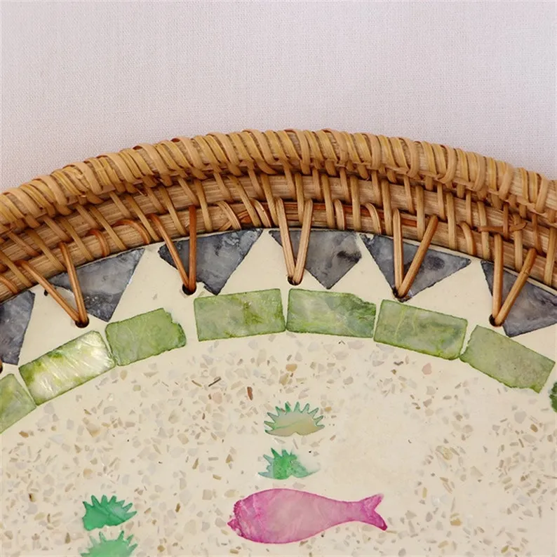 Fish Motifs Designer Mother Of Pearl Rattan Tray
