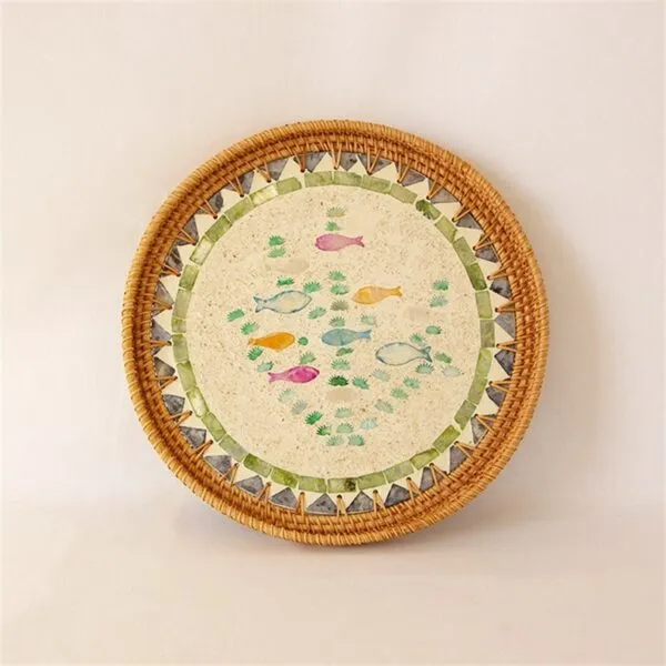 Fish Motifs Designer Mother Of Pearl Rattan Tray