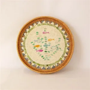 Fish Motifs Designer Mother Of Pearl Rattan Tray