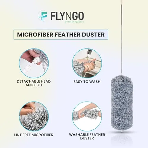 FLYNGO Microfiber Feather Duster Bendable & Extendable Fan Cleaning Duster with 100 inches Expandable Pole Handle Washable Duster for High Ceiling Fans, Window Blinds, Furniture (Grey)