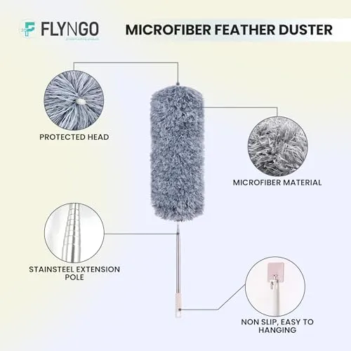 FLYNGO Microfiber Feather Duster Bendable & Extendable Fan Cleaning Duster with 100 inches Expandable Pole Handle Washable Duster for High Ceiling Fans, Window Blinds, Furniture (Grey)