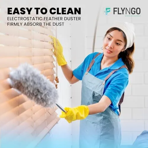 FLYNGO Microfiber Feather Duster Bendable & Extendable Fan Cleaning Duster with 100 inches Expandable Pole Handle Washable Duster for High Ceiling Fans, Window Blinds, Furniture (Grey)