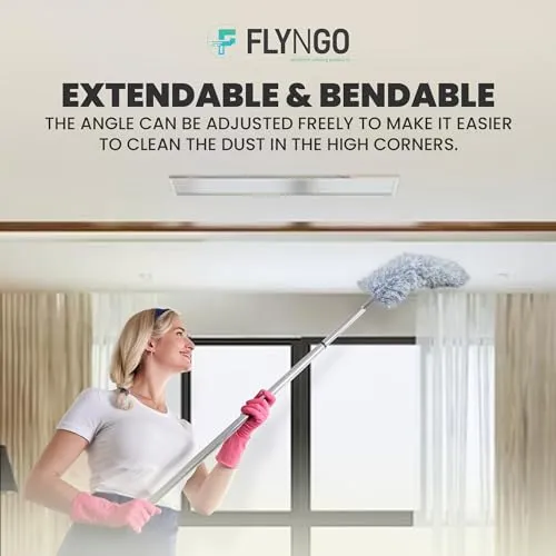 FLYNGO Microfiber Feather Duster Bendable & Extendable Fan Cleaning Duster with 100 inches Expandable Pole Handle Washable Duster for High Ceiling Fans, Window Blinds, Furniture (Grey)