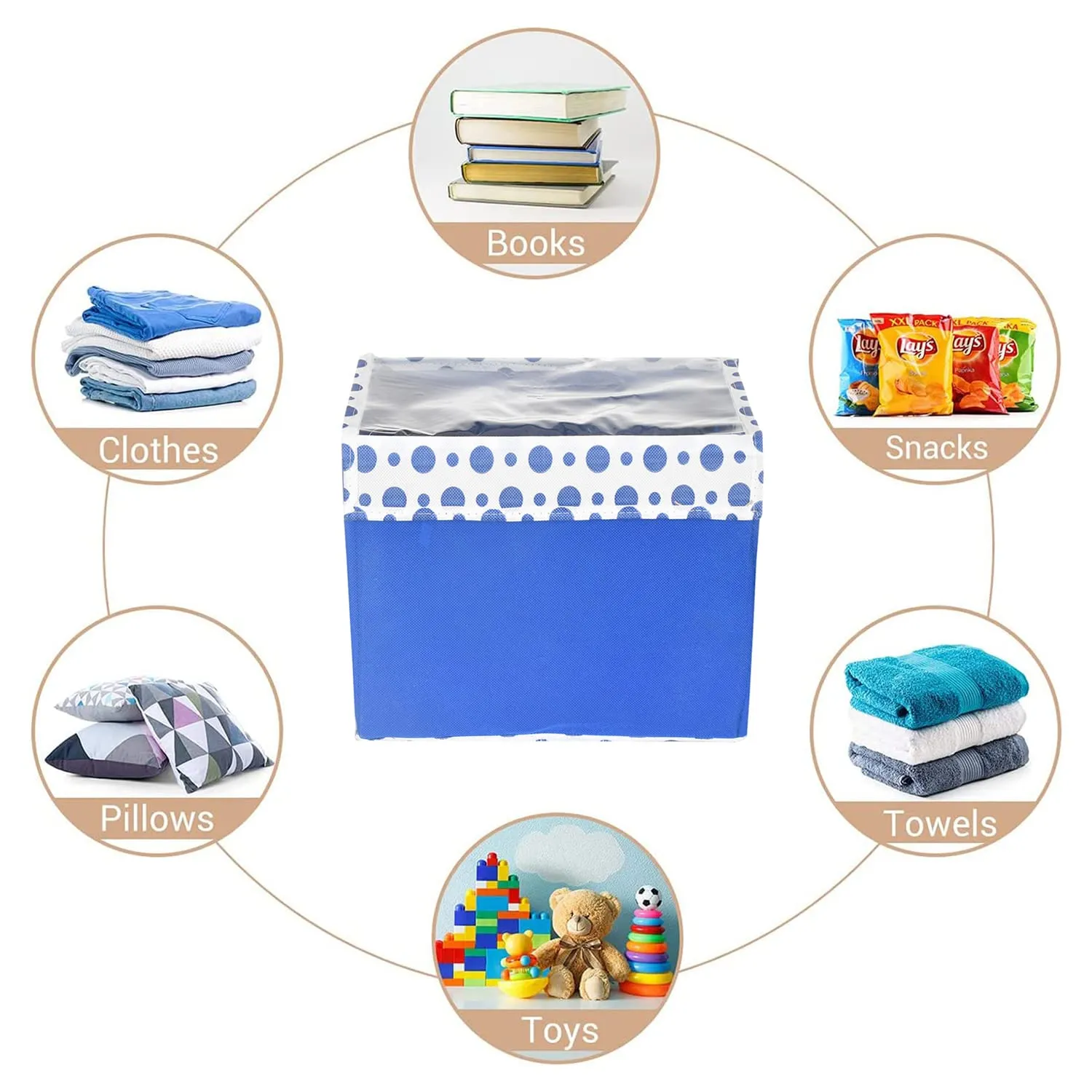 Heart Home Storage Box|Non-Woven Dot Print Foldable Storage Box|Small Wardrobe Organizer for Toys|Cloths with Transparent Lid & Handle|Pack of 3 (Blue)