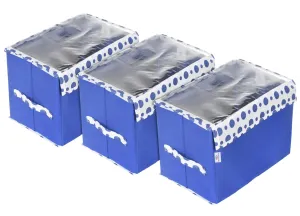 Heart Home Storage Box|Non-Woven Dot Print Foldable Storage Box|Small Wardrobe Organizer for Toys|Cloths with Transparent Lid & Handle|Pack of 3 (Blue)