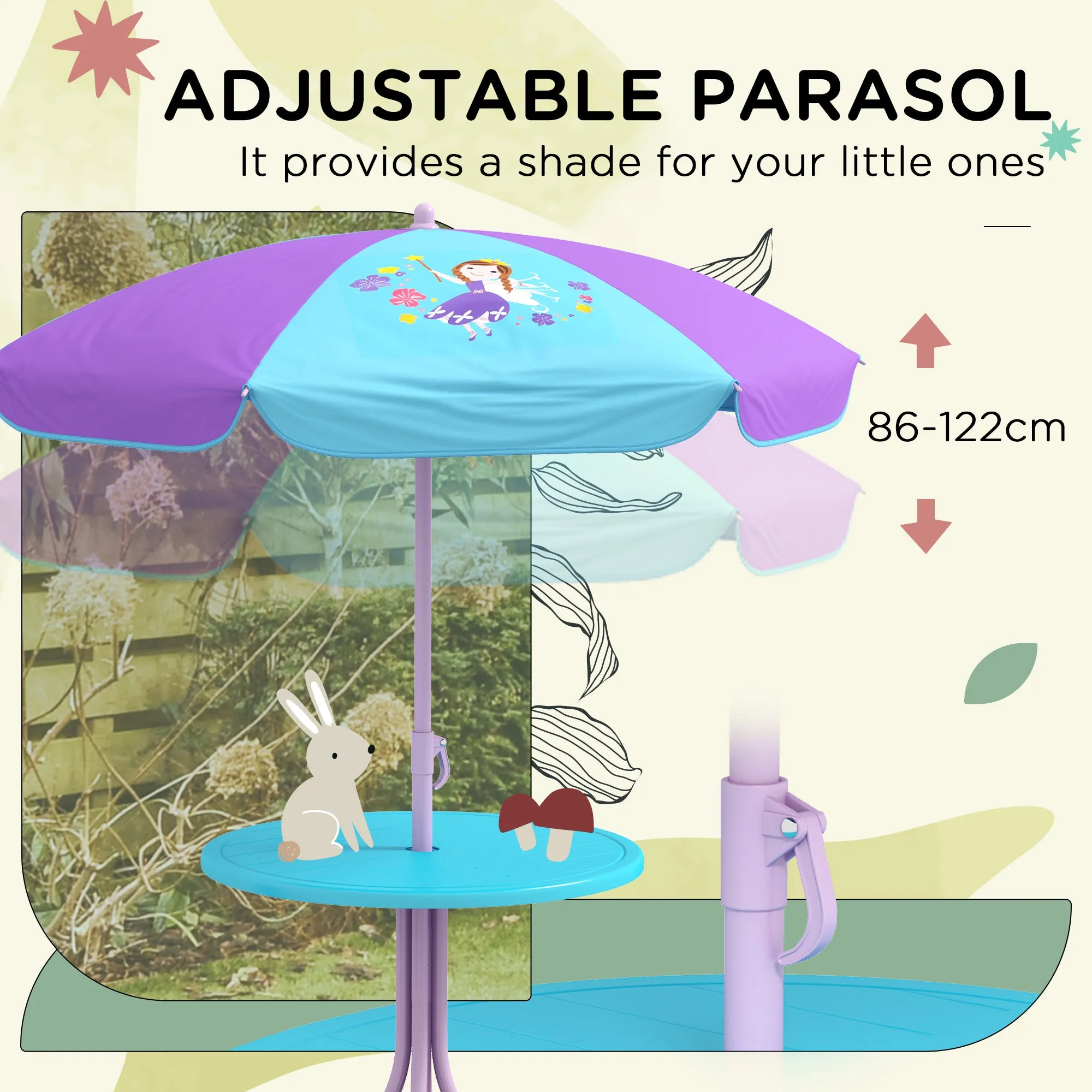 Kids Picnic Table and Chair Set, Fairy Themed Outdoor Garden Furniture w/ Foldable Chairs, Adjustable Parasol