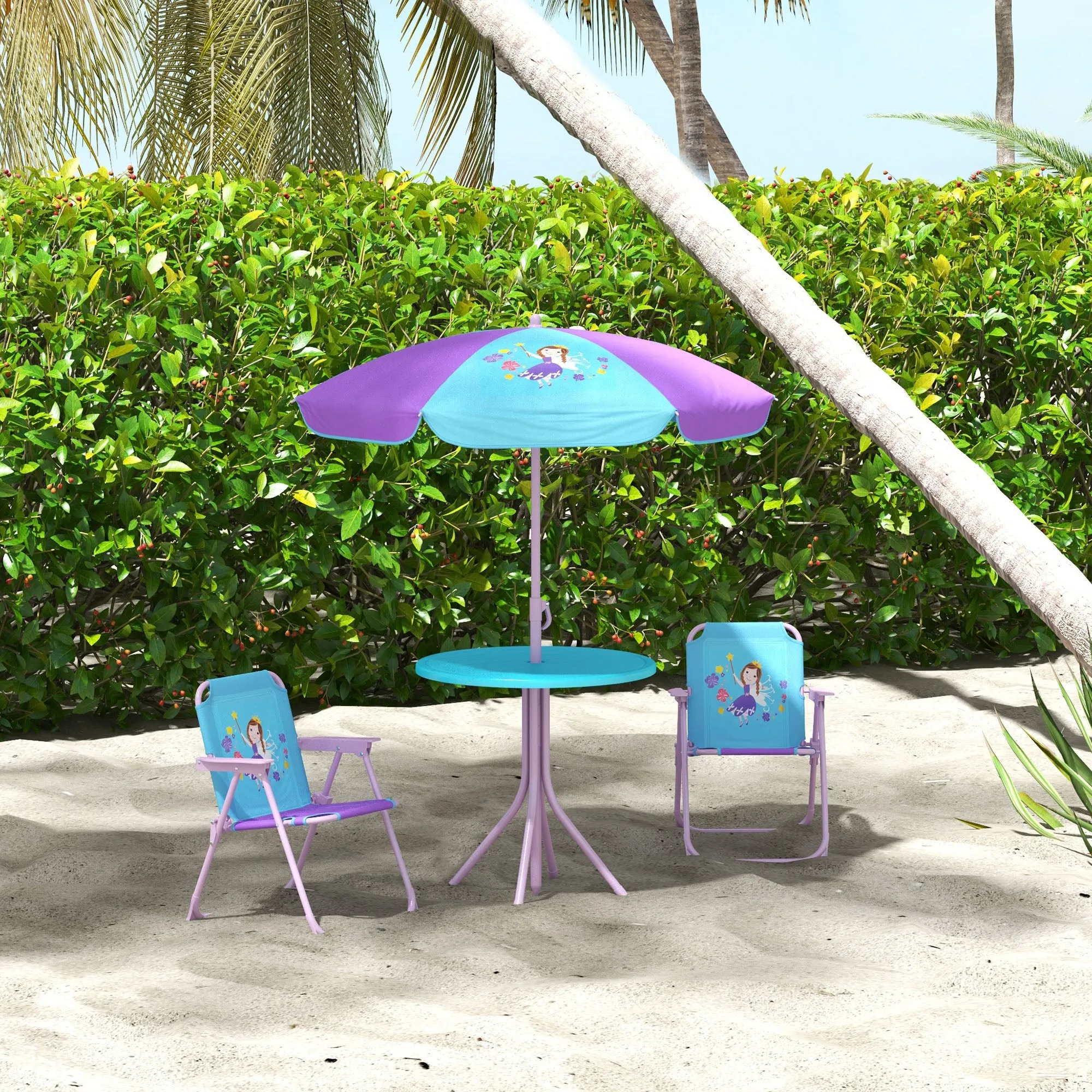Kids Picnic Table and Chair Set, Fairy Themed Outdoor Garden Furniture w/ Foldable Chairs, Adjustable Parasol