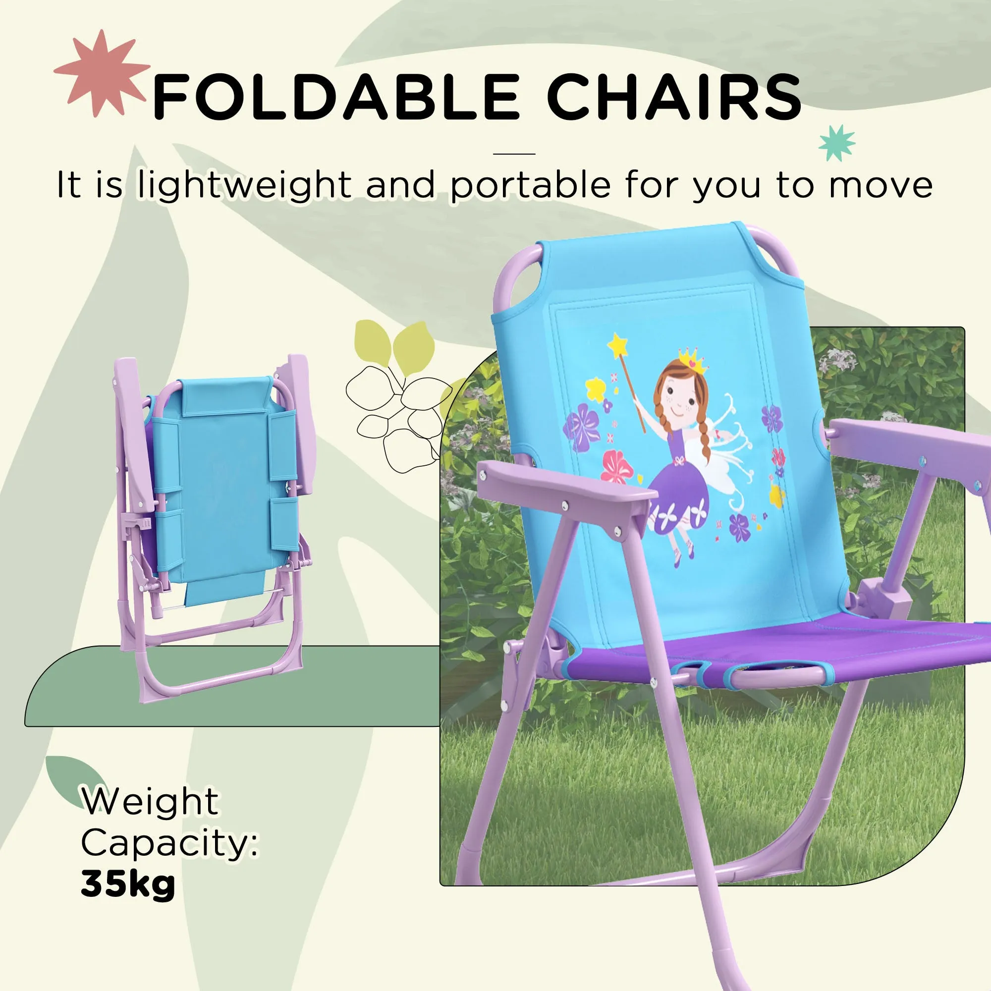 Kids Picnic Table and Chair Set, Fairy Themed Outdoor Garden Furniture w/ Foldable Chairs, Adjustable Parasol
