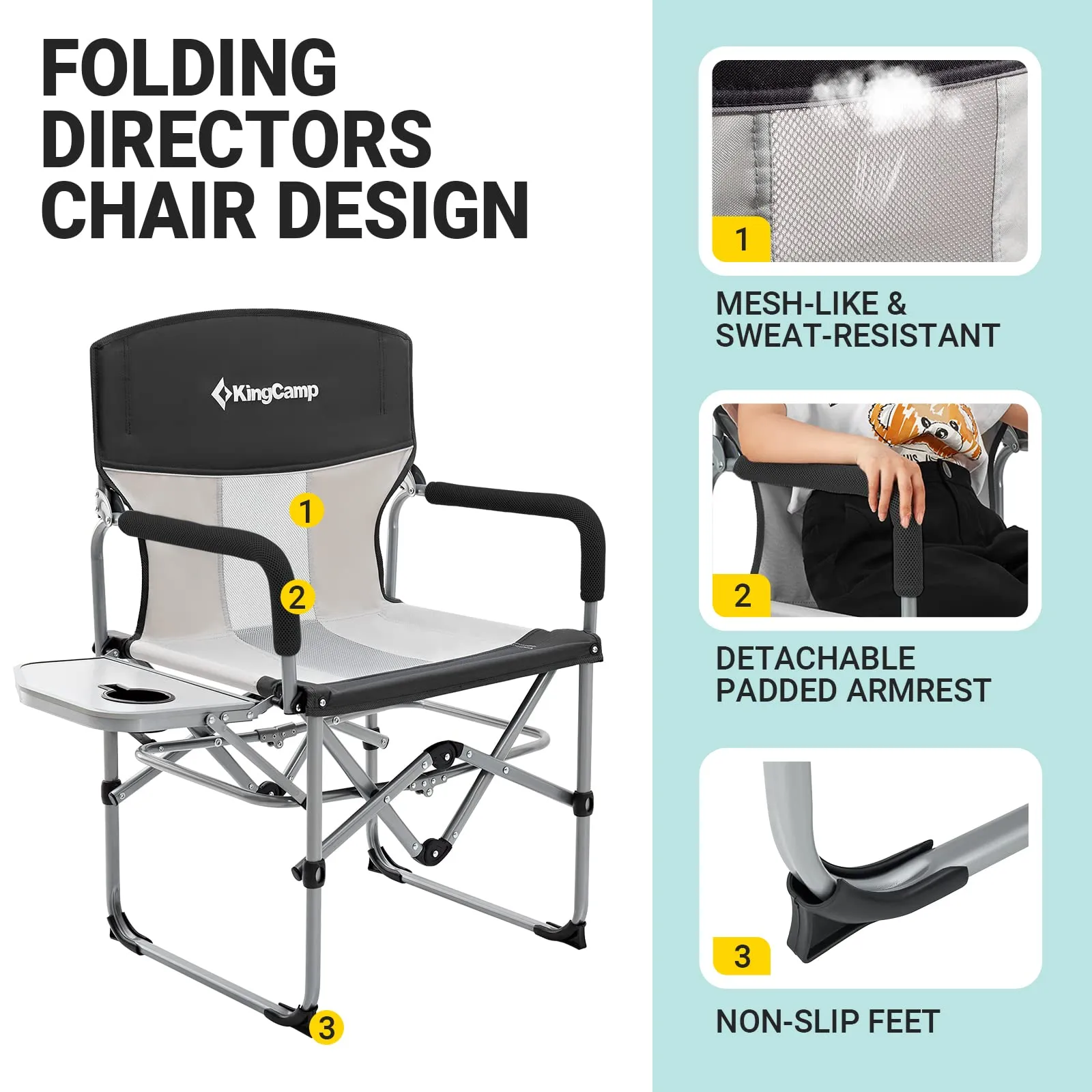 KingCamp Folding Camping Chair, Heavy Duty Director's Seat for Adults Outside, Portable Lawn Chairs with Side Table Breathable Mesh Back Compact Style for Outdoor Sports (Black-2 Pack)