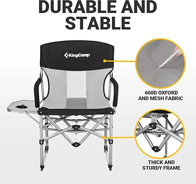 KingCamp Folding Camping Chair, Heavy Duty Director's Seat for Adults Outside, Portable Lawn Chairs with Side Table Breathable Mesh Back Compact Style for Outdoor Sports (Black-2 Pack)