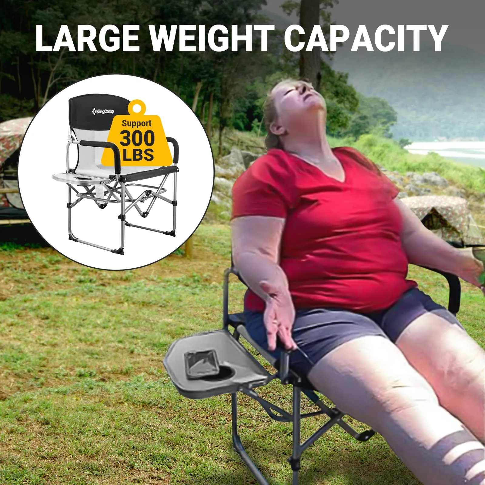 KingCamp Folding Camping Chair, Heavy Duty Director's Seat for Adults Outside, Portable Lawn Chairs with Side Table Breathable Mesh Back Compact Style for Outdoor Sports (Black-2 Pack)