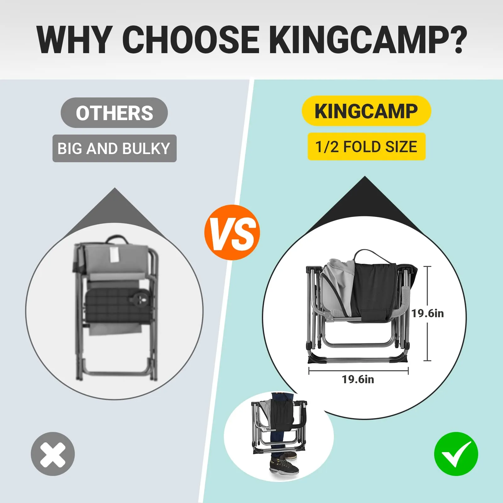KingCamp Folding Camping Chair, Heavy Duty Director's Seat for Adults Outside, Portable Lawn Chairs with Side Table Breathable Mesh Back Compact Style for Outdoor Sports (Black-2 Pack)